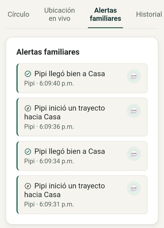 Pantalla real de Llegué Bien con los avisos: Pipi inició un trayecto hacia Casa, Pipi llegó bien a Casa