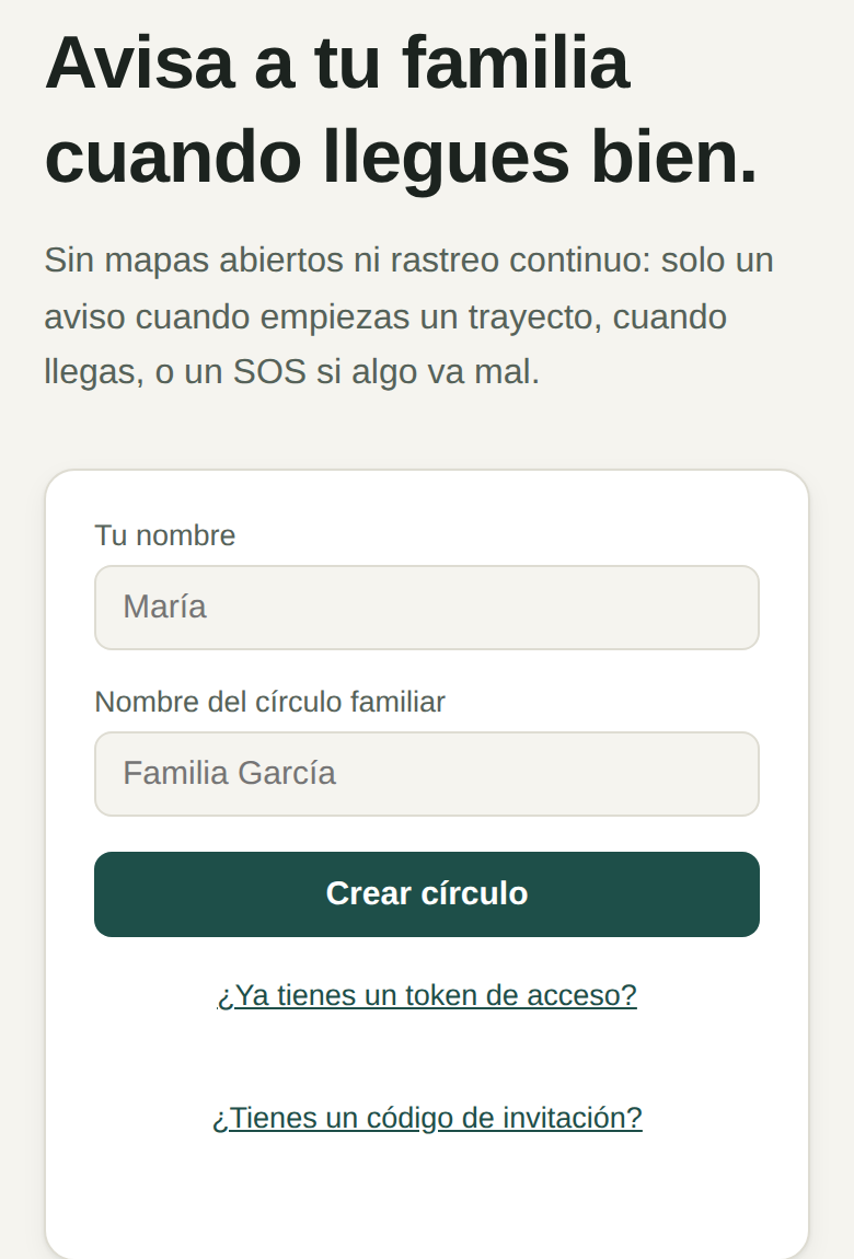 Pantalla de bienvenida con los campos Tu nombre y Nombre del círculo familiar, y el botón Crear círculo