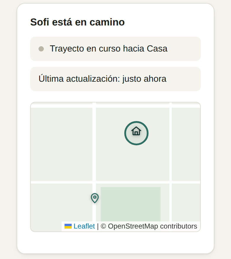 Pantalla del tutor: Sofi está en camino, con su posición en el mapa