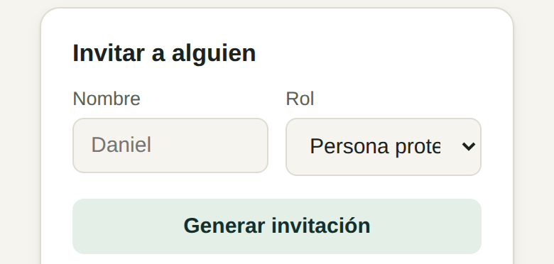 Sección Invitar a alguien con los campos Nombre y Rol y el botón Generar invitación