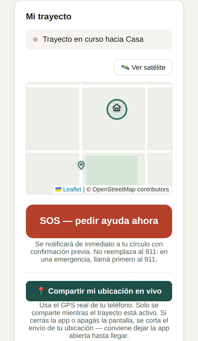 Trayecto en curso hacia Casa, con el mapa, el botón SOS y el botón Compartir mi ubicación en vivo